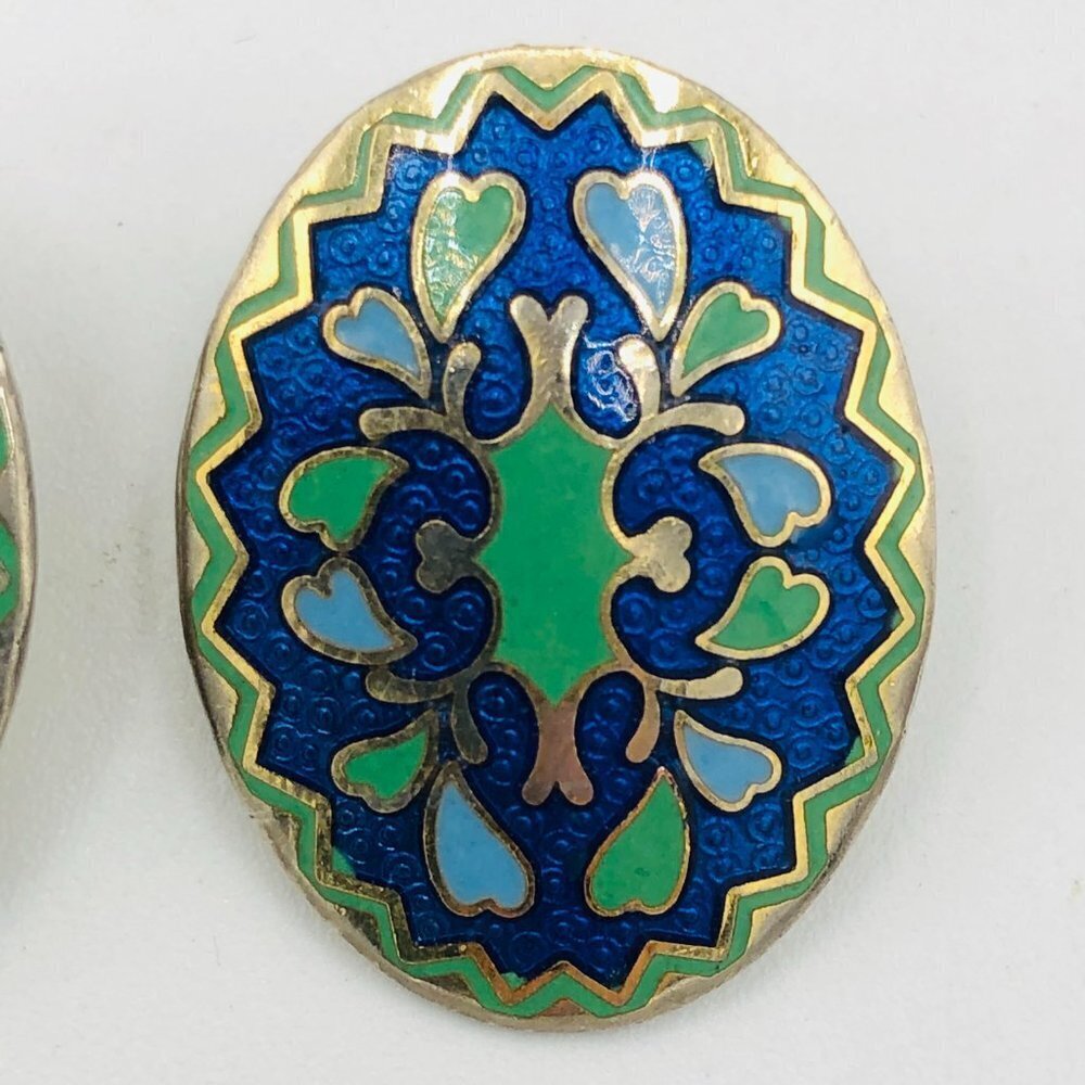 Vintage Blue and Green Enamelled Earrings - Picture 2 of 5